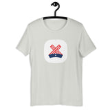 The Ayecon in red white and blue on a silver tee