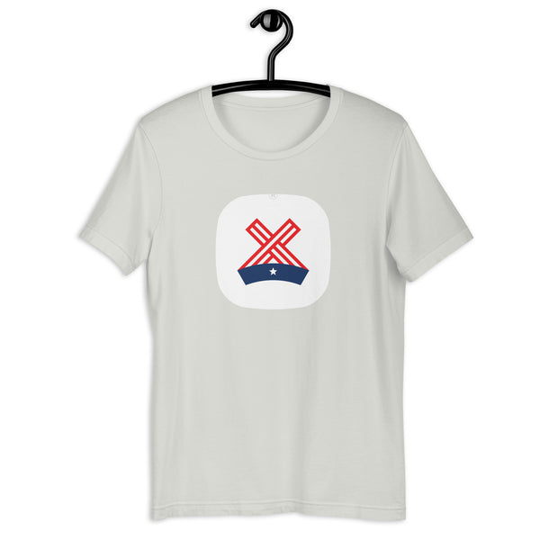 The Ayecon in red white and blue on a silver tee