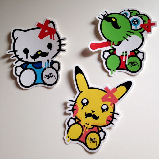 three ayecon kitty sticker slaps white kitty green kochi yellow pikachu